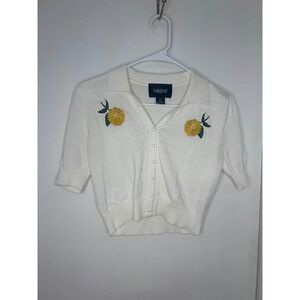 Collectif Cardigan Womens Size 4 White Embroidered Floral Short Sleeve Cropped
